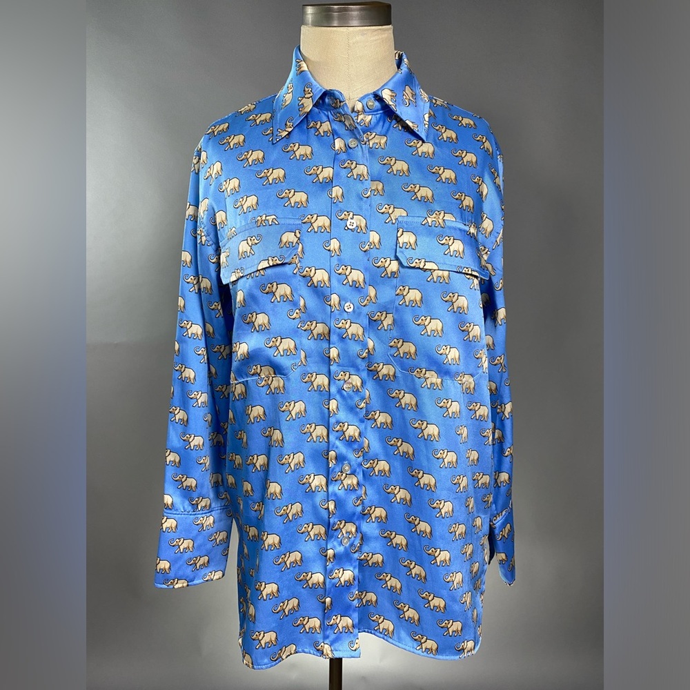 Zara Oversized Satin Elephant Long Sleeve Button Front Shirt